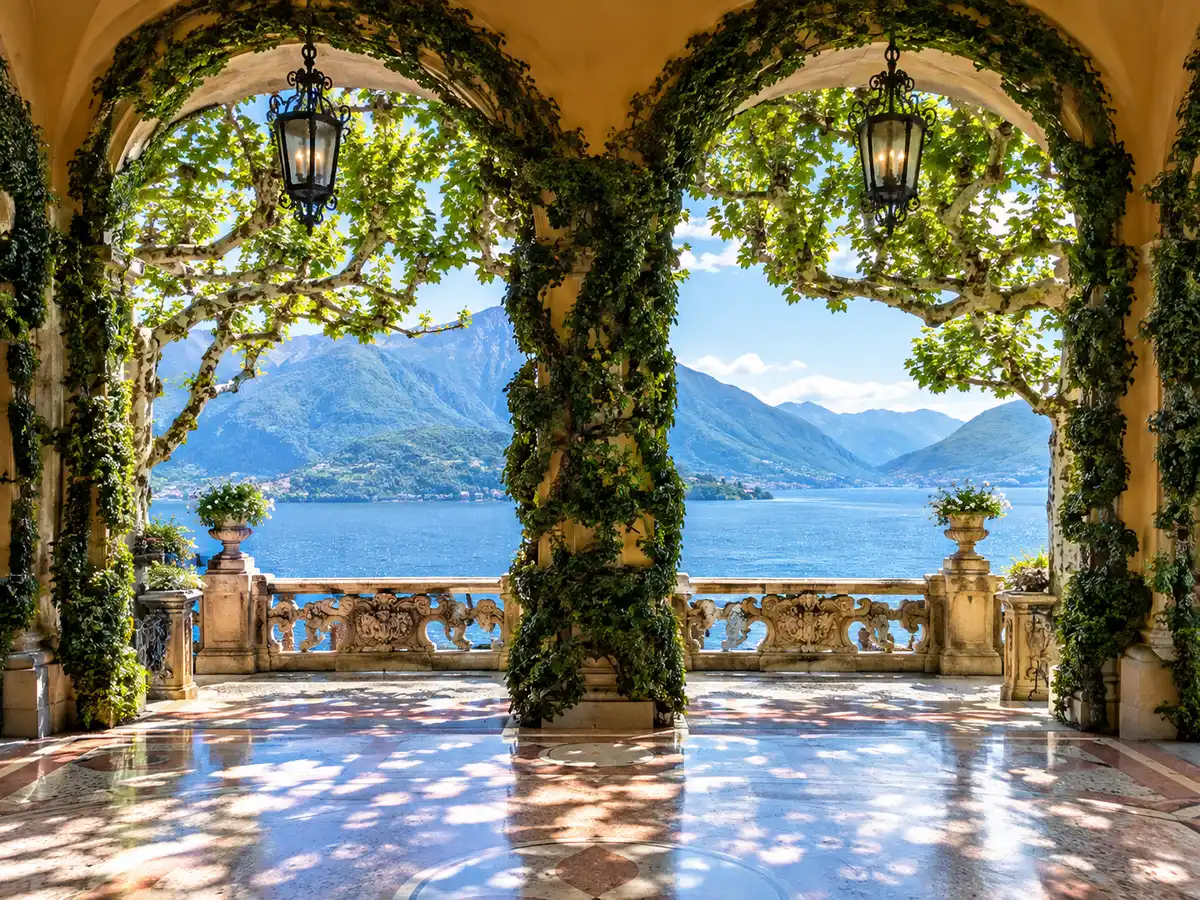 The two-arch loggia of Villa del Balbianello above Lake Como